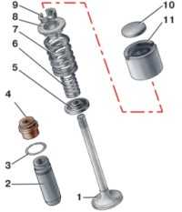 Детали механизма привода клапанов: 1 – клапан; 2 – направляющая втулка; 3 – стопорное кольцо; 4 – маслоотражательный колпачок; 5 – опорная шайба пружин; 6 – внутренняя пружина; 7 – наружная пружина; 8 – тарелка пружин; 9 – сухари; 10 – регулировочная шайба; 11 – толкатель 