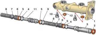 Детали главного цилиндра: 1 – корпус цилиндра; 2 – уплотнительное кольцо низкого давления; 3 – поршень привода контура "левый передний-правый задний тормоза"; 4 – распорное кольцо; 5 – уплотнительное кольцо высокого давления; 6 – прижимная пружина уплотнительного кольца; 7 – тарелка пружины; 8 – возвратная пружина поршня; 9 – шайба; 10 – стопорный винт; 11 – поршень привода контура "правый передний-левый задний тормоза"; 12 – уплотнительная прокладка